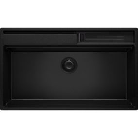 Evier Cuisine en Granit Tout Noir 88x53cm + Kit de Vidage, Evier au meuble 90cm  Oslo Pocket de Primagran