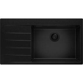 Evier Cuisine en Granit Tout Noir 90x50cm, Lavabo 1 bac + Kit de Vidage, Evier a Encastrer au meuble 60cm, de Primagran