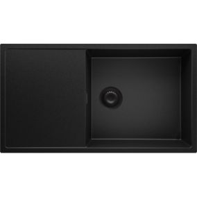 Evier Cuisine en Granit Tout Noir 90x50cm, Lavabo 1 bac + Kit de Vidage, Evier a Encastrer au meuble 60cm, Ibiza de Primagran