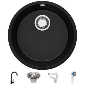 Evier cuisine Granit Rond Noir 46x46cm + Kit de Vidage + Robinet, Evier au meuble 50cm  La Valette Slim de Primagran