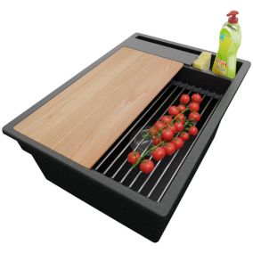 Evier Cuisine Graphite 38x53cm, 1 bac + Kit de Vidage + Accessoires, Evier a Encastrer au meuble 40cm, Oslo Pocket de Primagran