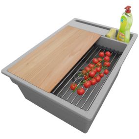 Evier Cuisine Gris 38x53cm, 1 bac + Kit de Vidage + Accessoires, Evier a Encastrer au meuble 40cm, Oslo Pocket de Primagran