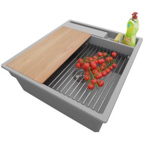 Evier Cuisine Gris 48x53cm, 1 bac + Kit de Vidage + Accessoires, Evier a Encastrer au meuble 50cm, Oslo Pocket de Primagran