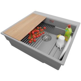 Evier Cuisine Gris 58x53cm, 1 bac + Kit de Vidage + Accessoires, Evier a Encastrer au meuble 60cm, Oslo Max de Primagran