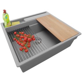 Evier Cuisine Gris 58x53cm, 1 bac + Kit de Vidage + Accessoires, Evier a Encastrer au meuble 60cm, Oslo Pocket de Primagran