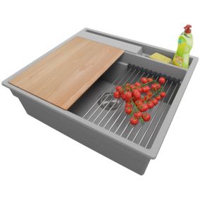 Evier Cuisine Gris 58x53cm, 1 bac + Kit de Vidage + Accessoires, Evier a Encastrer au meuble 60cm, Oslo Pocket de Primagran