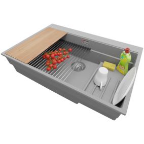 Evier Cuisine Gris 78x53cm, 1 bac + Kit de Vidage + Accessoires, Evier a Encastrer au meuble 80cm, Oslo Max de Primagran