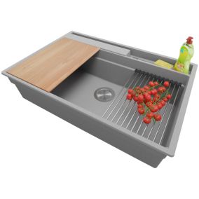 Evier Cuisine Gris 78x53cm, 1 bac + Kit de Vidage + Accessoires, Evier a Encastrer au meuble 80cm, Oslo Pocket de Primagran