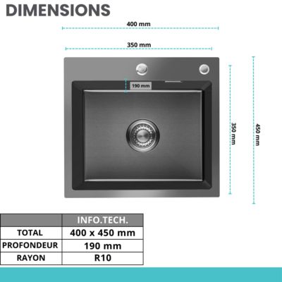 Evier Cuisine LOMAZOO Amy 40 cm Inox avec distributeur de savon Anthracite