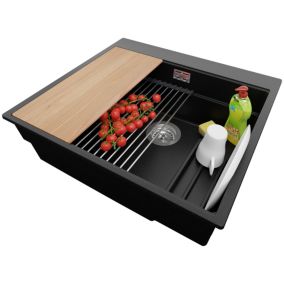 Evier Cuisine Noir 58x53cm, 1 bac + Kit de Vidage + Accessoires, Evier a Encastrer au meuble 60cm, Oslo Max de Primagran