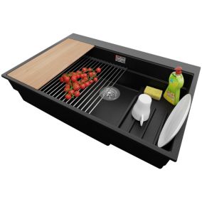 Evier Cuisine Noir 78x53cm, 1 bac + Kit de Vidage + Accessoires, Evier a Encastrer au meuble 80cm, Oslo Max de Primagran