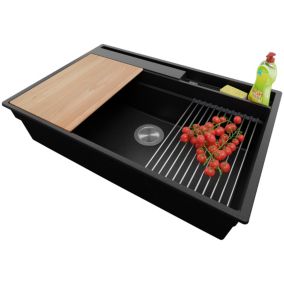 Evier Cuisine Noir 78x53cm, 1 bac + Kit de Vidage + Accessoires, Evier a Encastrer au meuble 80cm, Oslo Pocket de Primagran