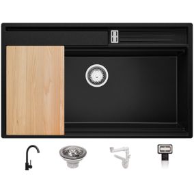 Evier Cuisine Noir 88x53cm + Kit de Vidage + Robinet + Accessoires, Evier au meuble 90cm  Oslo Pocket de Primagran