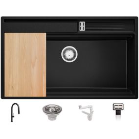 Evier Cuisine Noir 88x53cm + Kit de Vidage + Robinet + Accessoires, Evier au meuble 90cm  Oslo Pocket de Primagran