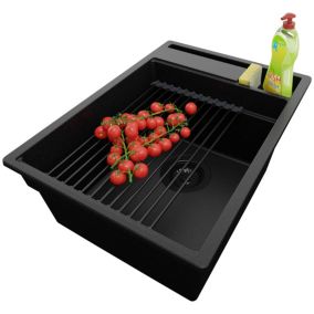 Evier Cuisine Tout Noir 38x53cm, 1 bac + Kit de Vidage + Accessorie, Evier a Encastrer au meuble 40cm, Oslo Pocket de Primagran