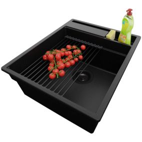 Evier Cuisine Tout Noir 43x53cm, 1 bac + Kit de Vidage + Accessorie, Evier a Encastrer au meuble 45cm, Oslo Pocket de Primagran