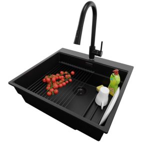 Evier Cuisine Tout Noir 58x53cm, 1 bac + Kit de Vidage + Accessorie, Evier a Encastrer au meuble 60cm, Oslo Max de Primagran