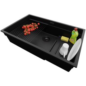 Evier Cuisine Tout Noir 76x47cm, 1 bac + Kit de Vidage + Accessorie, Evier a Encastrer au meuble 80cm, Prague Slim de Primagran