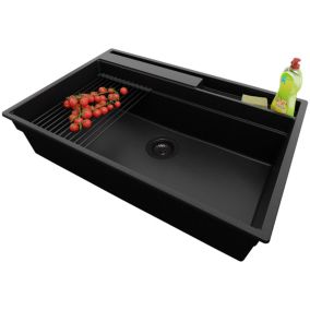 Evier Cuisine Tout Noir 78x53cm, 1 bac + Kit de Vidage + Accessorie, Evier a Encastrer au meuble 80cm, Oslo Pocket de Primagran