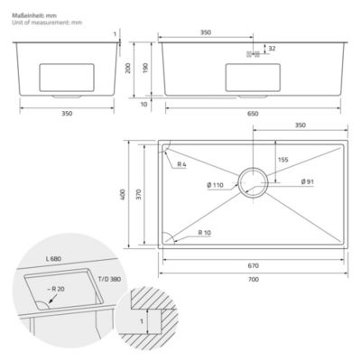 Evier de cuisine en acier inoxydable à encastrer argenté avec vidage 70x40 cm
