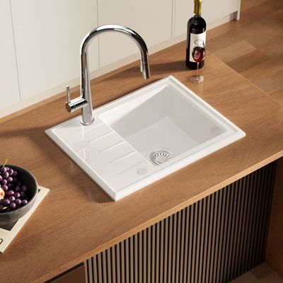 Evier de cuisine en Ceramique 60 x 46 cm, Evier a Encastre Blanc, Eveir 1 Bac Kit de Vidage
