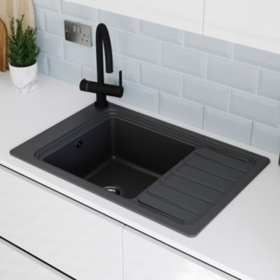 Évier de cuisine en composite de quartz noir 1 bac à encastrer GoodHome Romesco + égouttoir