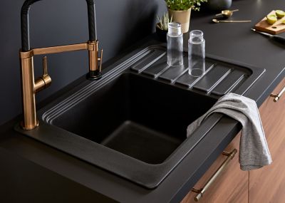 Évier de cuisine en granit noir 1 bac à encastrer GoodHome Romesco + égouttoir