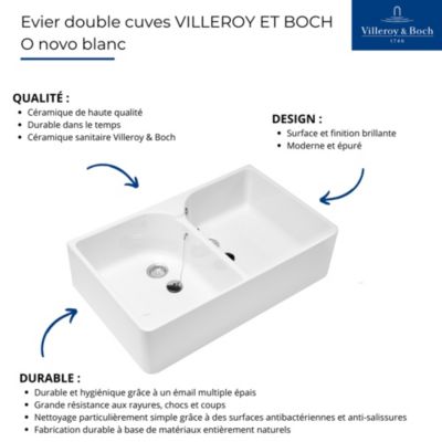 Evier double cuve blanc VILLEROY ET BOCH O Novo 22 x 79,5 x 51 cm avec trop-plein