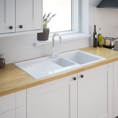 Évier en céramique blanche 1,5 bacs à encastrer Burbank | Castorama