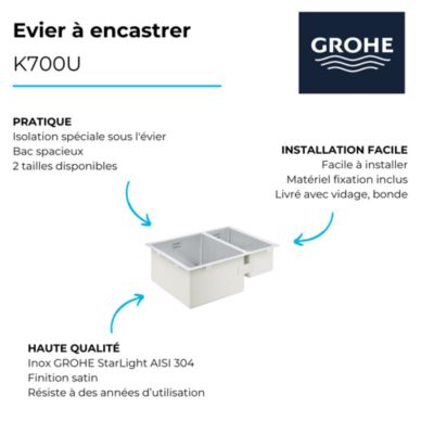 Evier à encastrer 1 bac et demi GROHE K700U acier inoxydable 76 x 45 cm