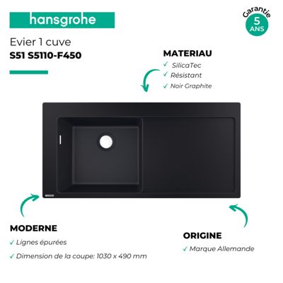 Evier à encastrer 1 bac HANSGROHE S51 450 égouttoir à droite sans vidage noir graphite