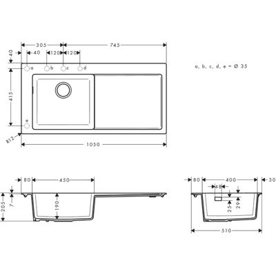 Evier à encastrer 1 bac HANSGROHE S51 450 égouttoir à droite sans vidage noir graphite
