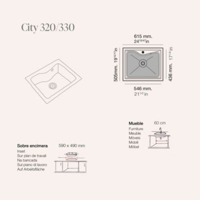 Evier à encastrer POALGI - City 330 - Granit - Blanc Snow - 62 cm - 1 bac