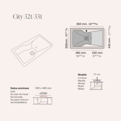 Evier à encastrer POALGI - City 331 - Granit - Blanc Snow - 86 cm - 1 bac et 1 égouttoir