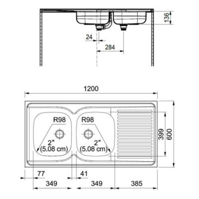 Evier inox à poser 2 bacs 1 égouttoir - Man - 120 x 60 - MAN721-1200 NF- Livré avec siphon