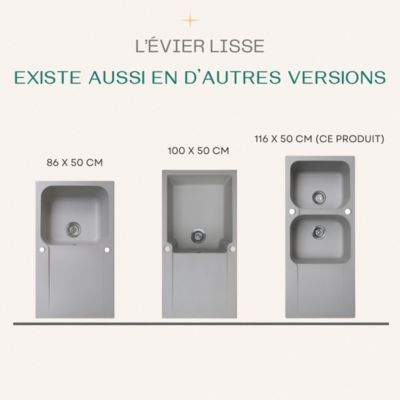 Evier réversible 2 cuves 1 égouttoir en résine gris Essebagno Lisse