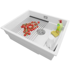 Evier Sous Plan Blanc 56x47cm, 1 bac + Kit de Vidage + Accessoires de cuisine, Evier au meuble 60cm, Prague de Primagran