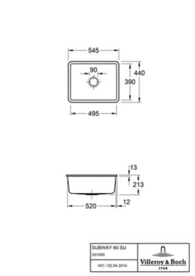 Évier sous plan en céramique blanc mat 1 bac, L.54,5 x P.44 cm, Villeroy & Boch Subway