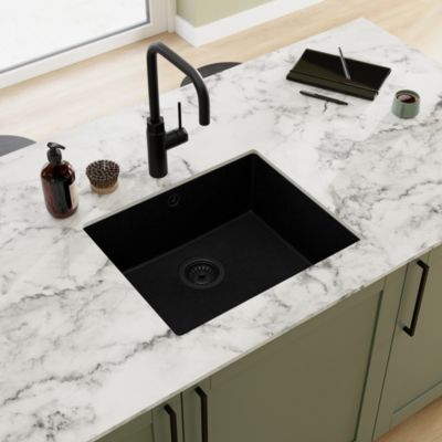 Évier sous plan en composite de quartz noir mat 1 bac, L.55 x P.46 cm, GoodHome Sorrel