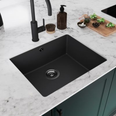 Évier sous plan en composite de quartz noir mat 1 bac, L.55 x P.46 cm, GoodHome Sorrel