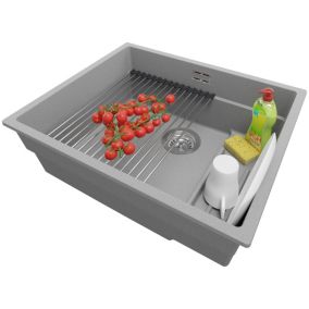 Evier Sous Plan Gris 56x47cm, 1 bac + Kit de Vidage + Accessoires de cuisine, Evier au meuble 60cm, Prague de Primagran