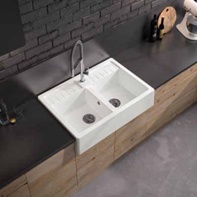 Évier timbre d’office à poser en granit blanc 2 bacs, L.90 x P.63 cm, Carea