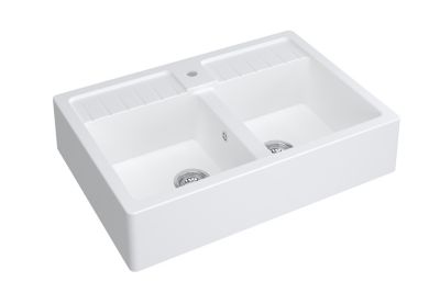 Évier timbre d’office à poser en granit blanc 2 bacs, L.90 x P.63 cm, Carea