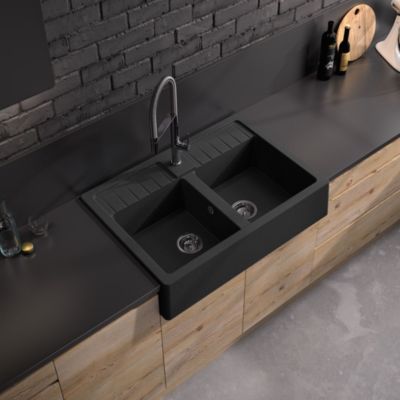 Évier timbre d’office à poser en granit noir 2 bacs, L.90 x P.63 cm, Carea