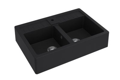 Évier timbre d’office à poser en granit noir 2 bacs, L.90 x P.63 cm, Carea