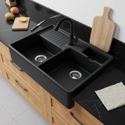 Évier timbre d'office en céramique noir mat 2 bacs avec égouttoir, L.89,5 x P.53 cm, Villeroy & Boch Tradition