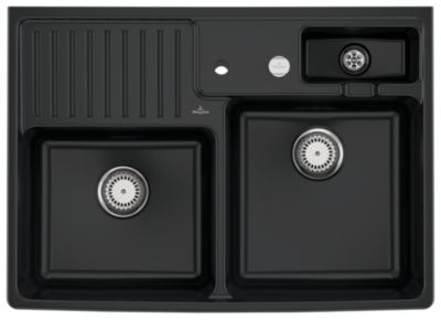 Évier timbre d'office en céramique noir mat 2 bacs avec égouttoir, L.89,5 x P.53 cm, Villeroy & Boch Tradition