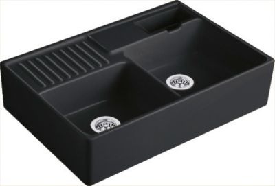 Évier timbre d'office en céramique noir mat 2 bacs avec égouttoir, L.89,5 x P.53 cm, Villeroy & Boch Tradition