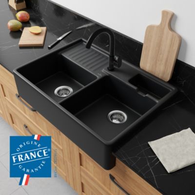 Évier timbre d'office en céramique noir mat 2 bacs avec égouttoir, L.89,5 x P.53 cm, Villeroy & Boch Tradition