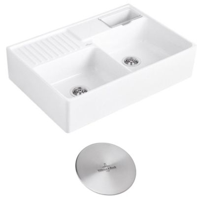 Evier timbre d'office VILLEROY ET BOCH Tradition 2 bacs 89,5 x 63 céramique vidage auto blanc + Cache bonde acier massif